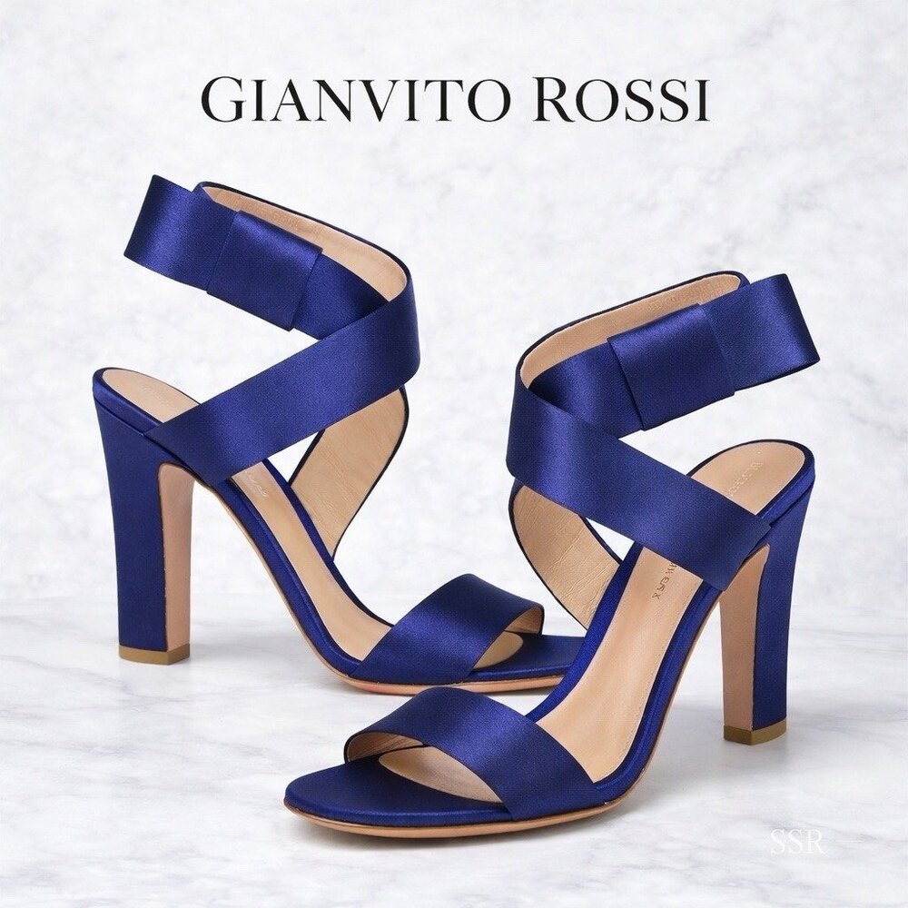 Gianvito Rossi Rae Bow Satin Ankle Wrap Sandals Blue Hawaii EU 38 US 7 NWOB